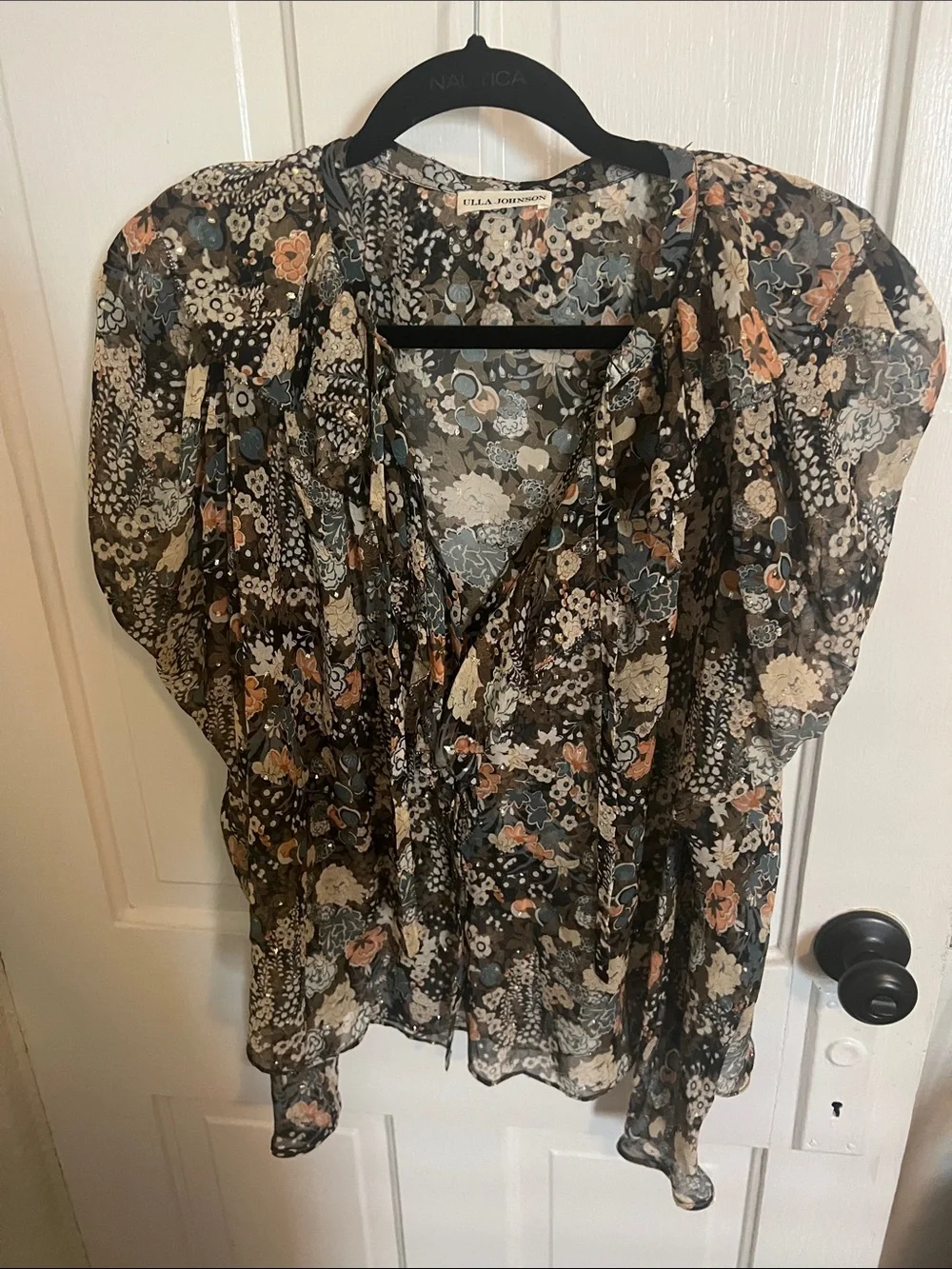 Ulla Johnson Black Silk Sheer Floral Tie-Neck Blouse with Puff Sleeves